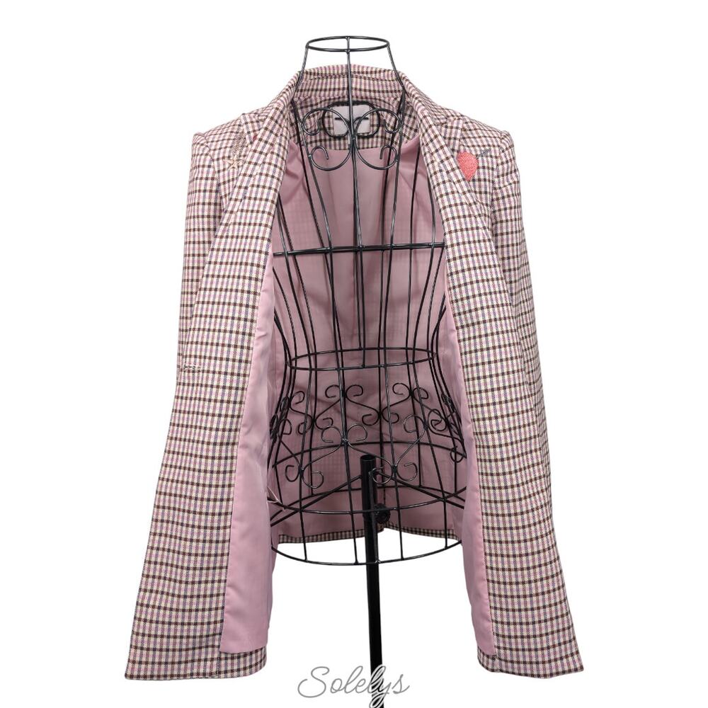Cinq à Sept Estelle Check Plaid Pink Embroidered Metallic Single Button Blazer 0 - Picture 10 of 13